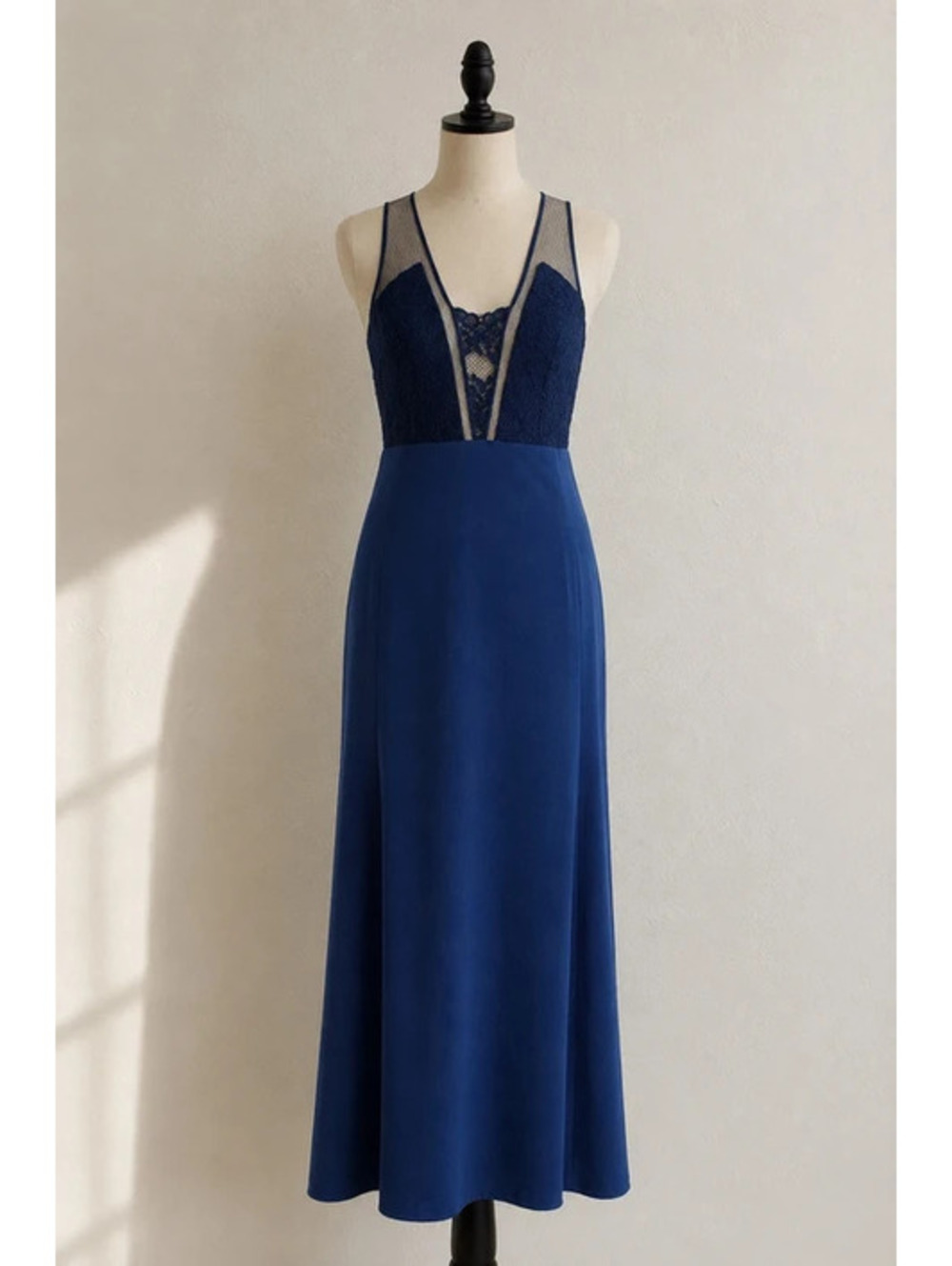 Aidan Mattox Navy Blue Lace Evening Gown Size S Deep V Formal Maxi Dress